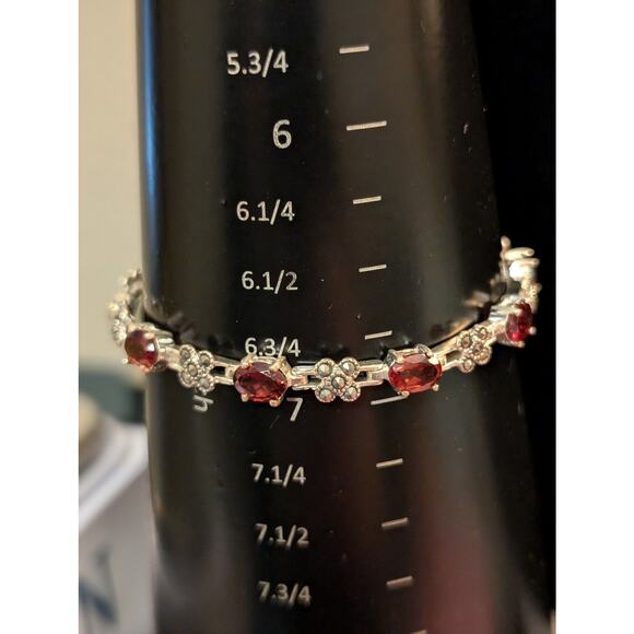 Vintage 925 Sterling Silver Garnet Marcasite Tennis Bracelet - Picture 3 of 4